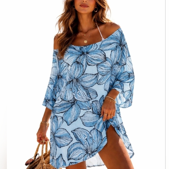 M Made In Italy Tops - Made in Italy Womans Blue Tropical 100% Cotton Tunic Top Beach Cover-up One Size